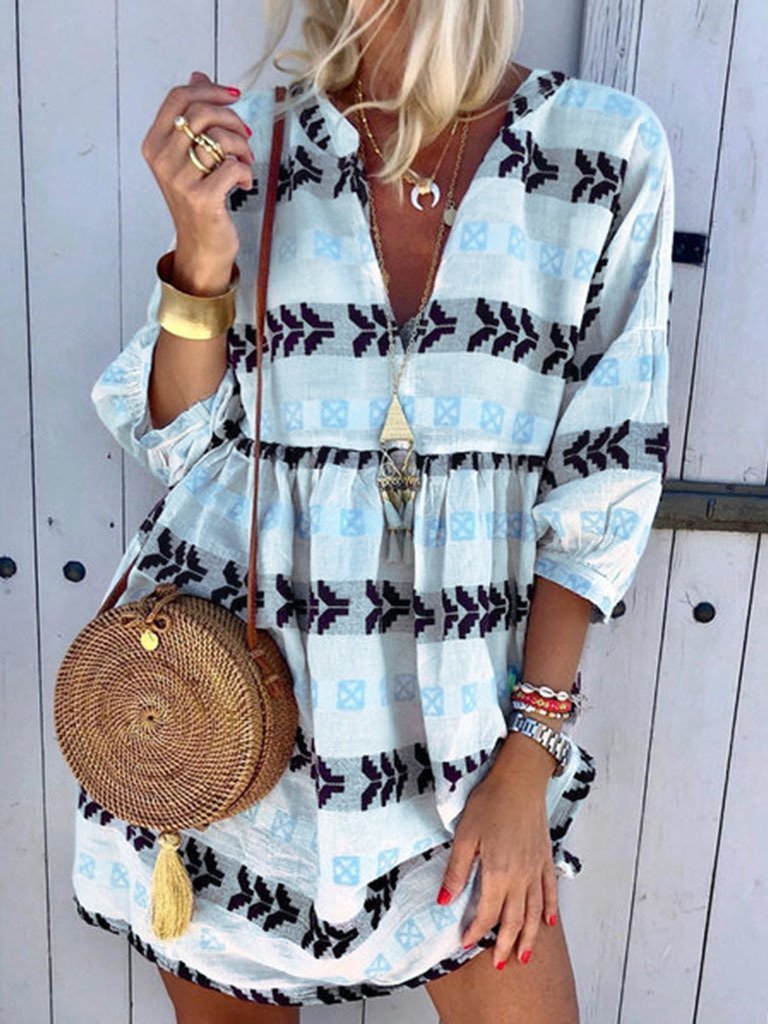 Print V Neck Casual 3/4 Sleeve Women's Dress - Mini Dresses - INS | Online Fashion Free Shipping Clothing, Dresses, Tops, Shoes - 20-30 - 20/07/2021 - color-blue