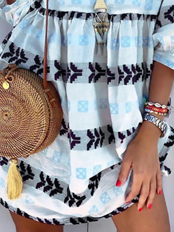 Print V Neck Casual 3/4 Sleeve Women's Dress - Mini Dresses - INS | Online Fashion Free Shipping Clothing, Dresses, Tops, Shoes - 20-30 - 20/07/2021 - color-blue