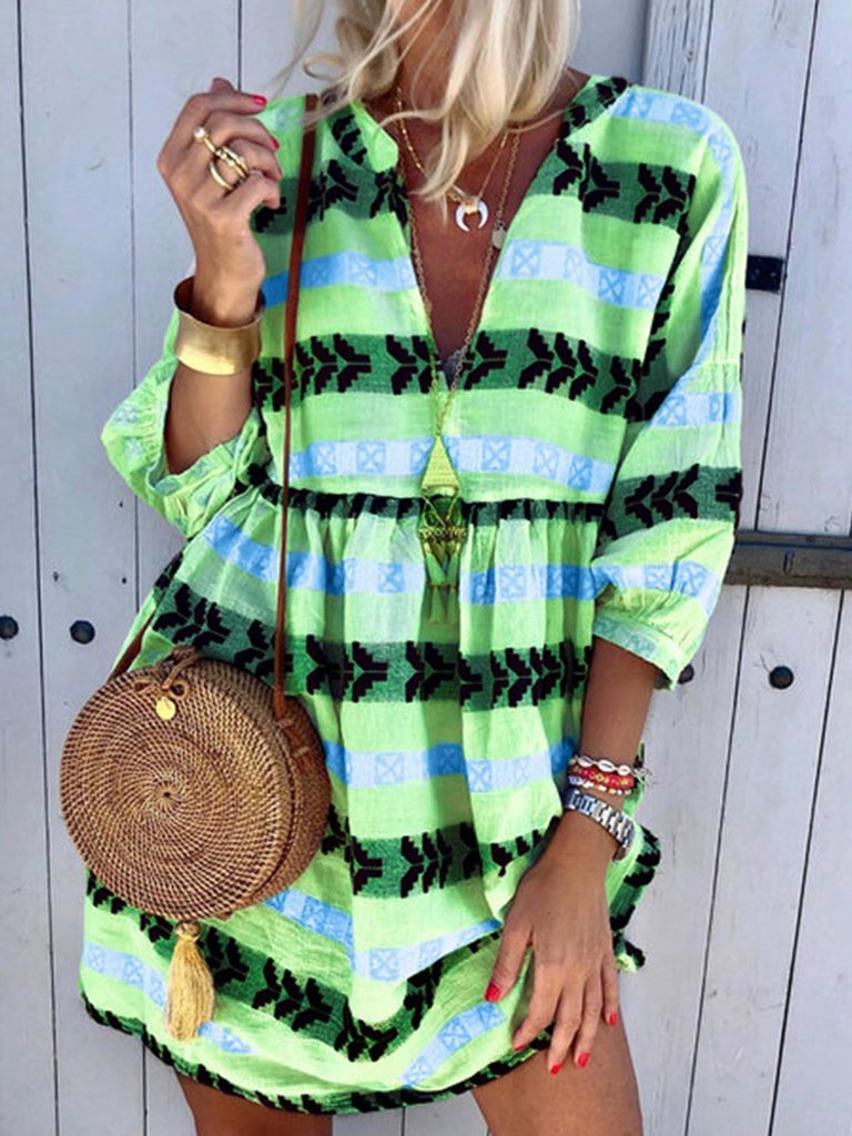 Print V Neck Casual 3/4 Sleeve Women's Dress - Mini Dresses - INS | Online Fashion Free Shipping Clothing, Dresses, Tops, Shoes - 20-30 - 20/07/2021 - color-blue