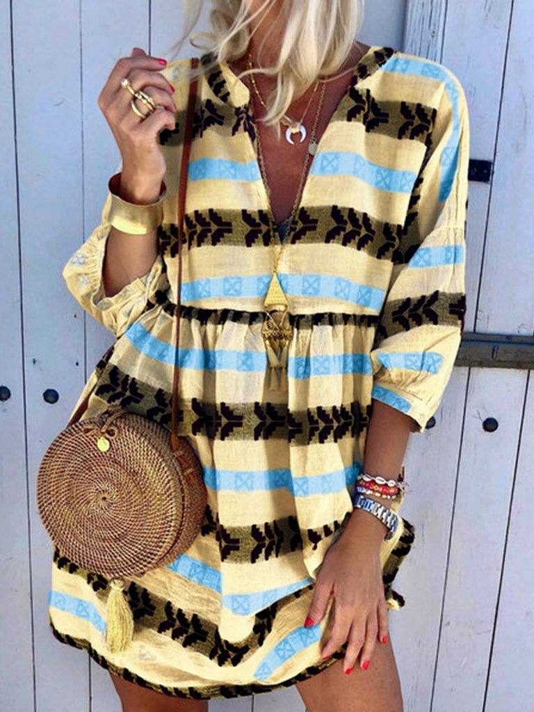 Print V Neck Casual 3/4 Sleeve Women's Dress - Mini Dresses - INS | Online Fashion Free Shipping Clothing, Dresses, Tops, Shoes - 20-30 - 20/07/2021 - color-blue