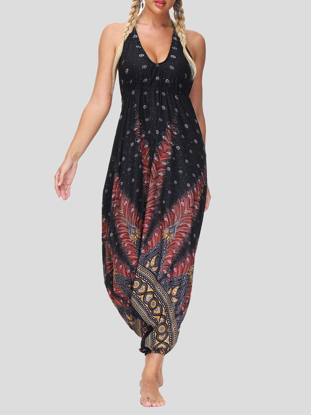 Print V Neck Lace-up Halter Sports Yoga Jumpsuit - Jumpsuits & Rompers - INS | Online Fashion Free Shipping Clothing, Dresses, Tops, Shoes - 15/07/2021 - 20-30 - Bottoms