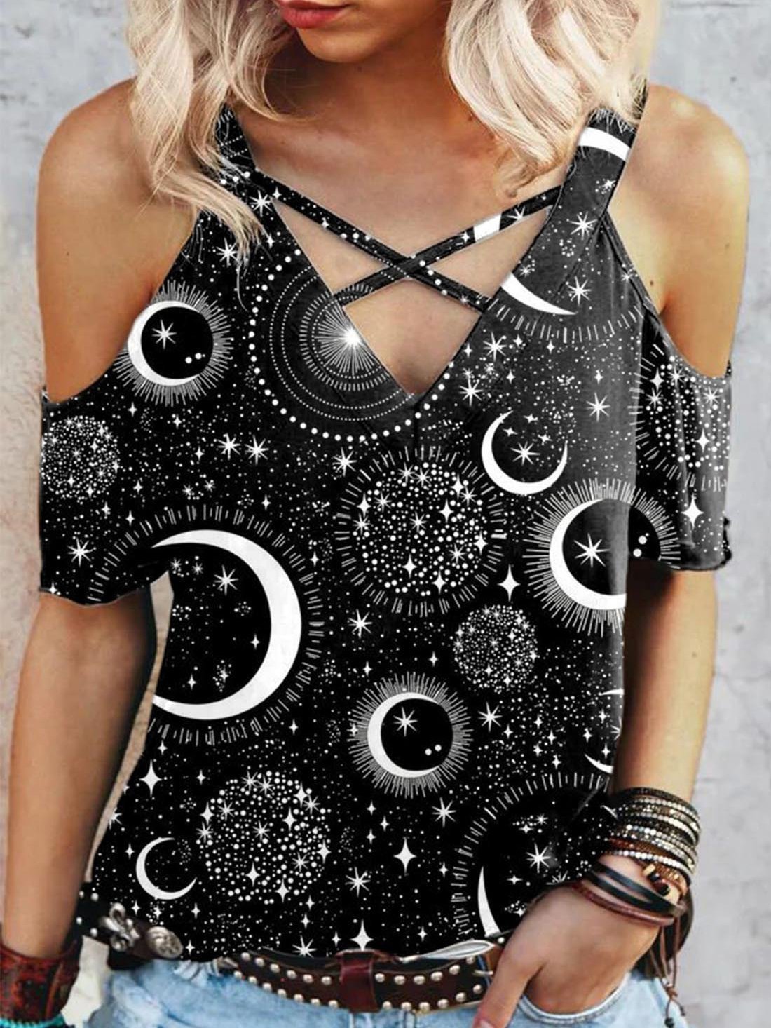 Print V Neck Off Shoulder T-Shirt - T-Shirts - INS | Online Fashion Free Shipping Clothing, Dresses, Tops, Shoes - 24/05/2021 - Color_Black - LXQ