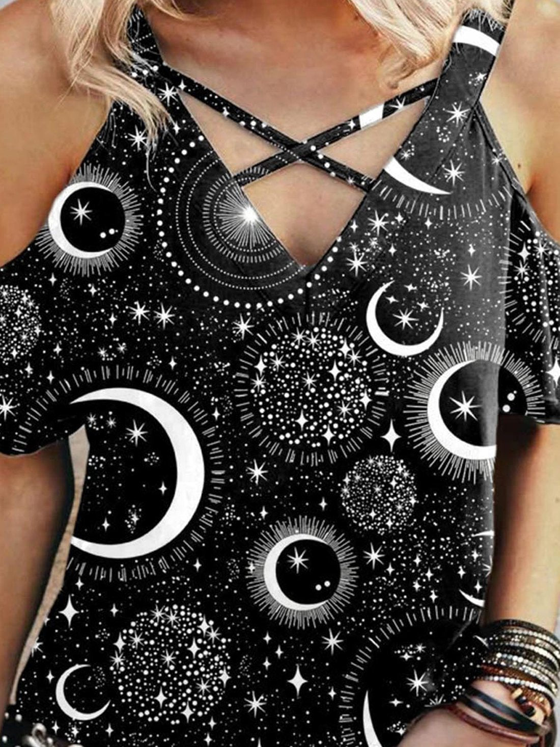 Print V Neck Off Shoulder T-Shirt - T-Shirts - INS | Online Fashion Free Shipping Clothing, Dresses, Tops, Shoes - 24/05/2021 - Color_Black - LXQ