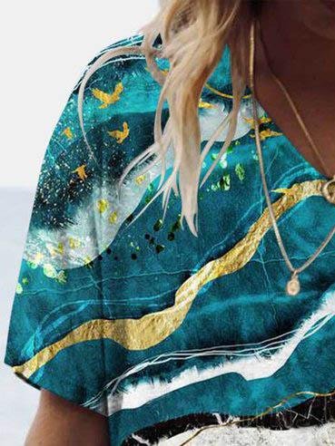 Print V Neck Short Sleeve T-shirt - T-shirts - INS | Online Fashion Free Shipping Clothing, Dresses, Tops, Shoes - 09/06/2021 - Color_Green - Size_2XL