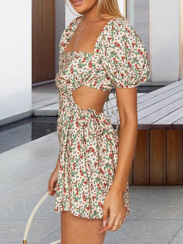 Printed Backless Short-sleeved Tie Dress - Mini Dresses - INS | Online Fashion Free Shipping Clothing, Dresses, Tops, Shoes - 20-30 - 22/06/2021 - color-black