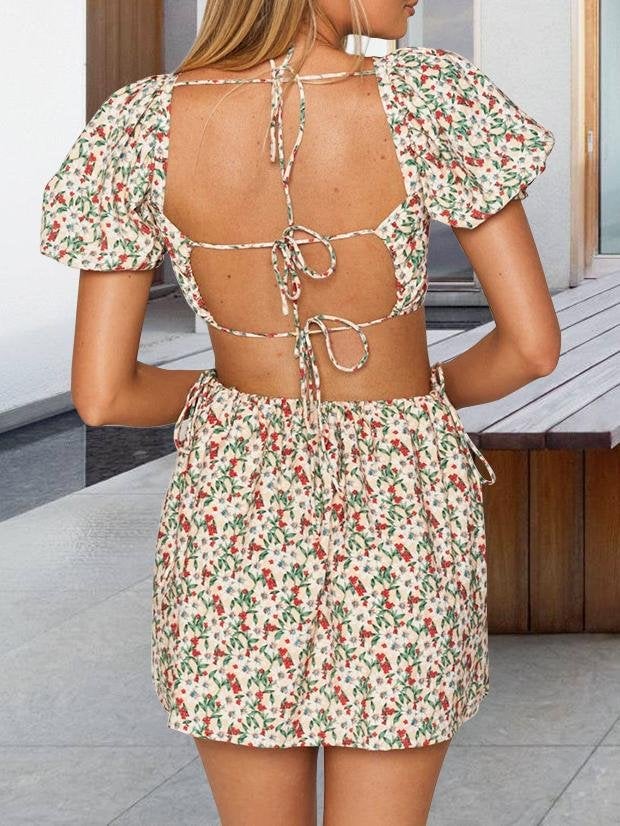 Printed Backless Short-sleeved Tie Dress - Mini Dresses - INS | Online Fashion Free Shipping Clothing, Dresses, Tops, Shoes - 20-30 - 22/06/2021 - color-black
