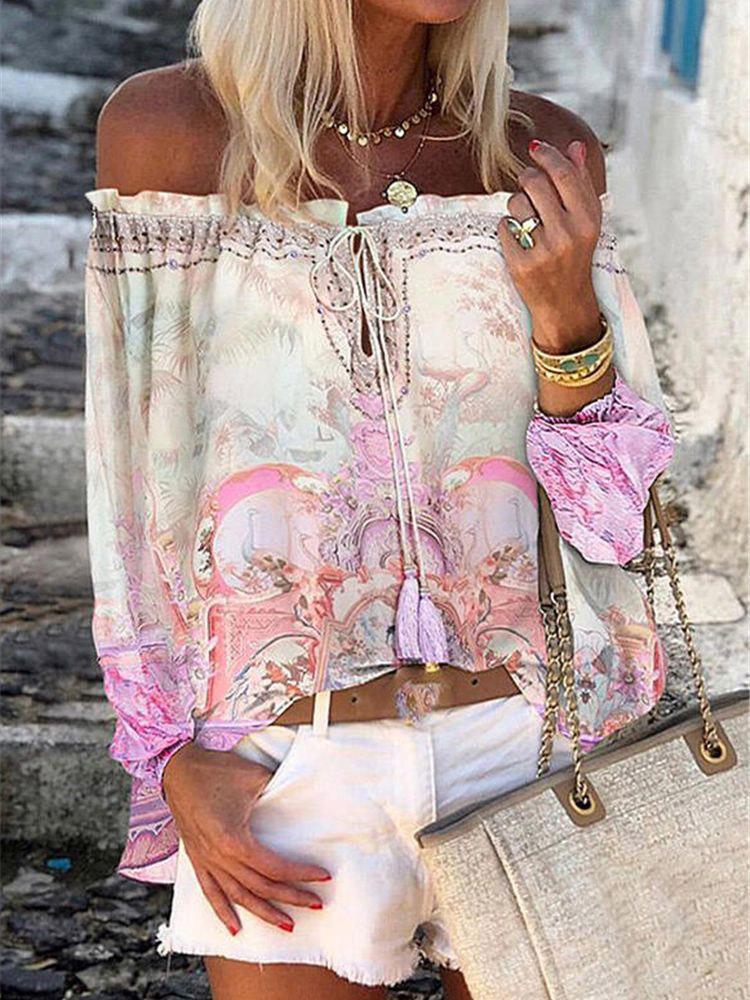 Printed Boat Neck Flare Sleeve Chiffon Blouses - Blouses - INS | Online Fashion Free Shipping Clothing, Dresses, Tops, Shoes - 20-30 - 30/07/2021 - BLO2107301289