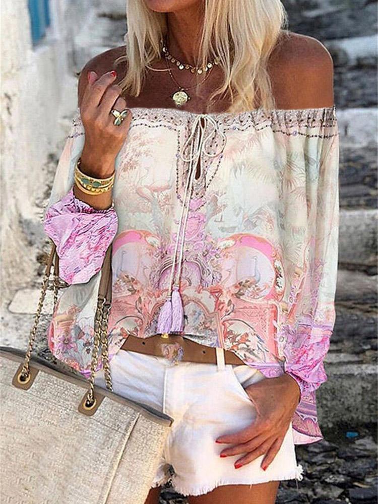 Printed Boat Neck Flare Sleeve Chiffon Blouses - Blouses - INS | Online Fashion Free Shipping Clothing, Dresses, Tops, Shoes - 20-30 - 30/07/2021 - BLO2107301289