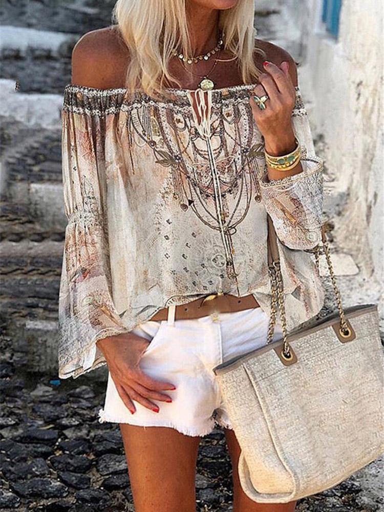 Printed Boat Neck Flare Sleeve Chiffon Blouses - Blouses - INS | Online Fashion Free Shipping Clothing, Dresses, Tops, Shoes - 20-30 - 30/07/2021 - BLO2107301289