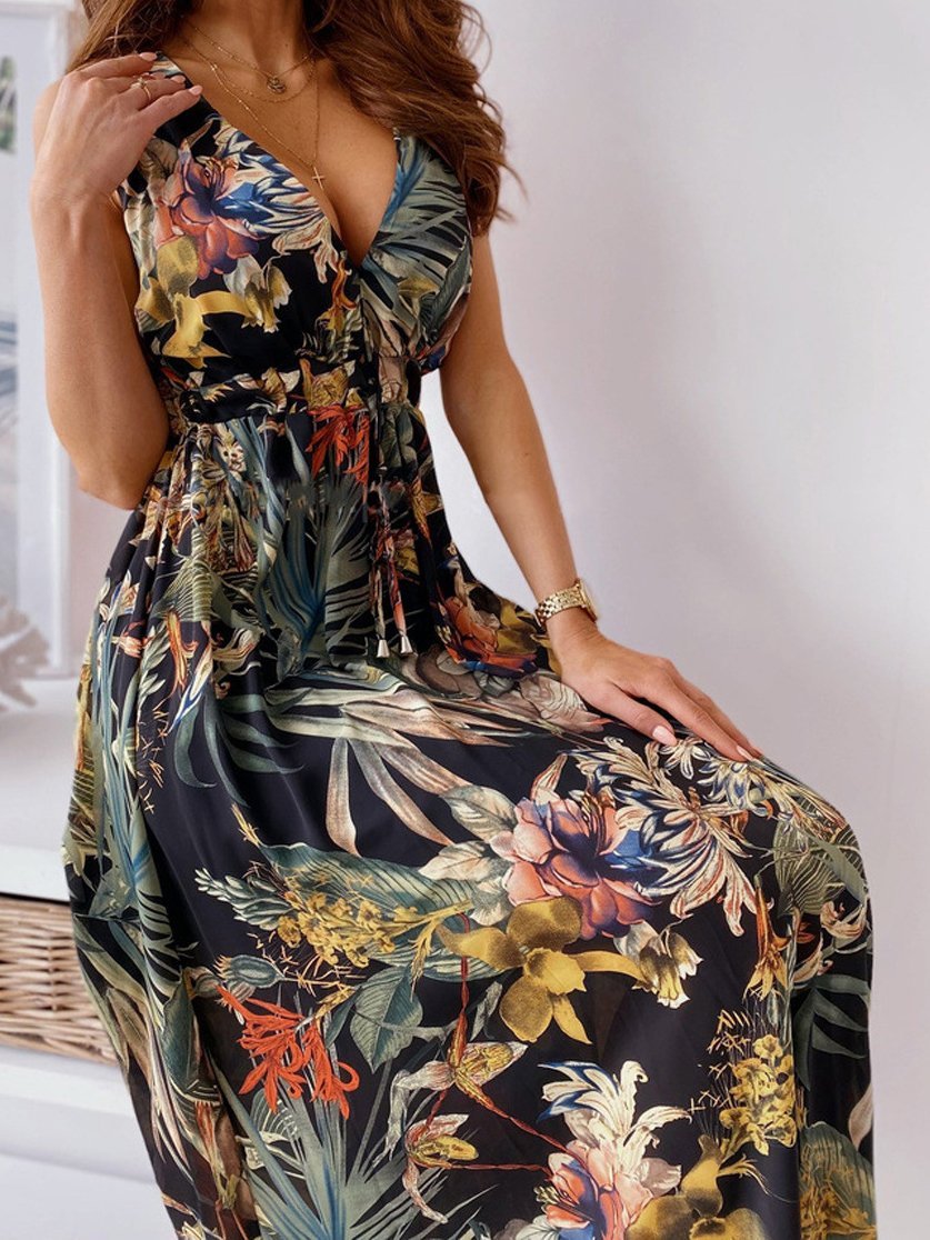Printed Deep V-Neck Sleeveless Open Back Dress - Maxi Dresses - INS | Online Fashion Free Shipping Clothing, Dresses, Tops, Shoes - 01/07/2021 - 20-30 - Category_Maxi Dresses