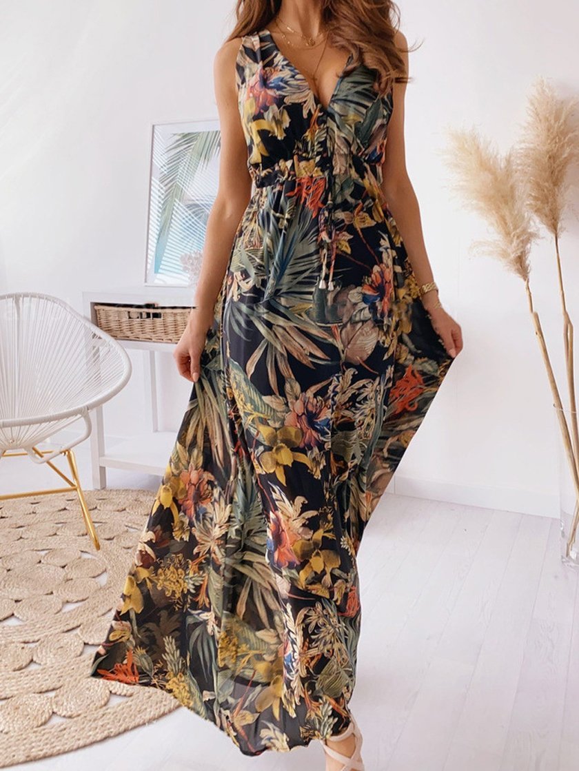Printed Deep V-Neck Sleeveless Open Back Dress - Maxi Dresses - INS | Online Fashion Free Shipping Clothing, Dresses, Tops, Shoes - 01/07/2021 - 20-30 - Category_Maxi Dresses