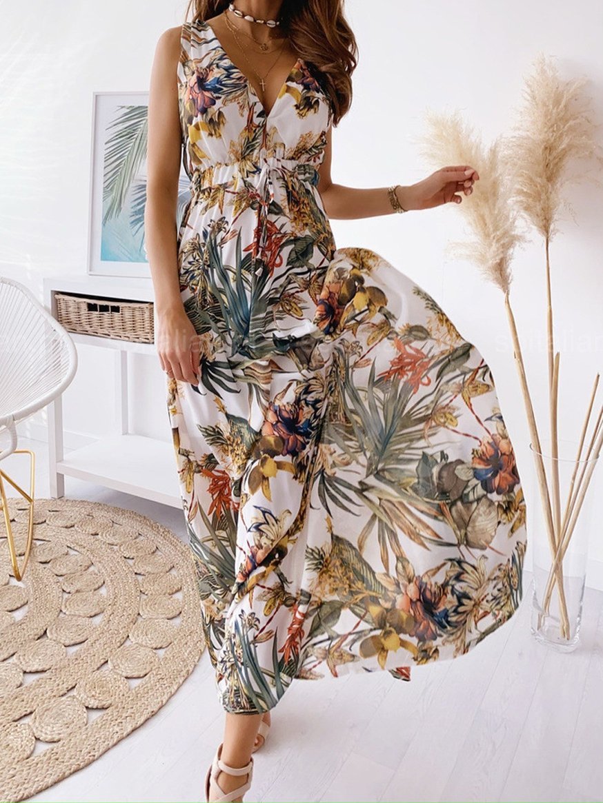 Printed Deep V-Neck Sleeveless Open Back Dress - Maxi Dresses - INS | Online Fashion Free Shipping Clothing, Dresses, Tops, Shoes - 01/07/2021 - 20-30 - Category_Maxi Dresses