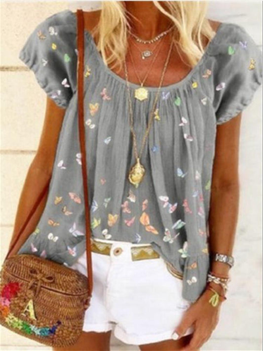 Printed Elastic Neckline Wide Short Sleeve T-Shirts - T-Shirts - INS | Online Fashion Free Shipping Clothing, Dresses, Tops, Shoes - 11/06/2021 - Category_T-Shirts - Color_Blue