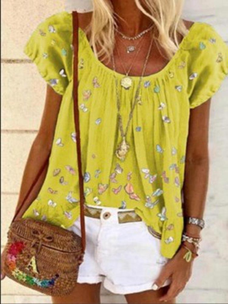 Printed Elastic Neckline Wide Short Sleeve T-Shirts - T-Shirts - INS | Online Fashion Free Shipping Clothing, Dresses, Tops, Shoes - 11/06/2021 - Category_T-Shirts - Color_Blue