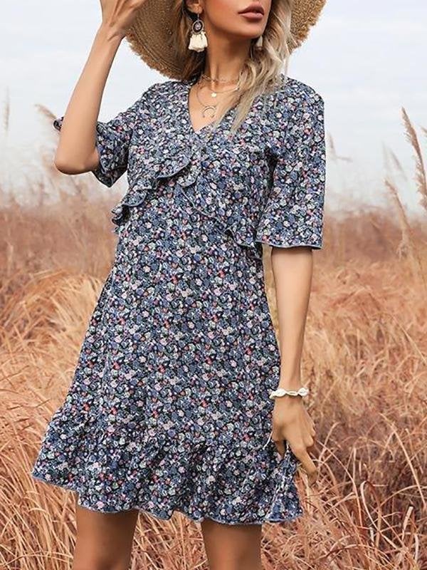 Printed Flared Short-sleeved Hollow Open Back Ruffle Dress - Mini Dresses - INS | Online Fashion Free Shipping Clothing, Dresses, Tops, Shoes - 22/03/2021 - AMZ - Color_Blue