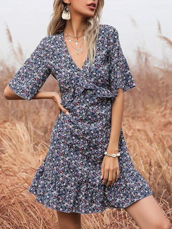 Printed Flared Short-sleeved Hollow Open Back Ruffle Dress - Mini Dresses - INS | Online Fashion Free Shipping Clothing, Dresses, Tops, Shoes - 22/03/2021 - AMZ - Color_Blue