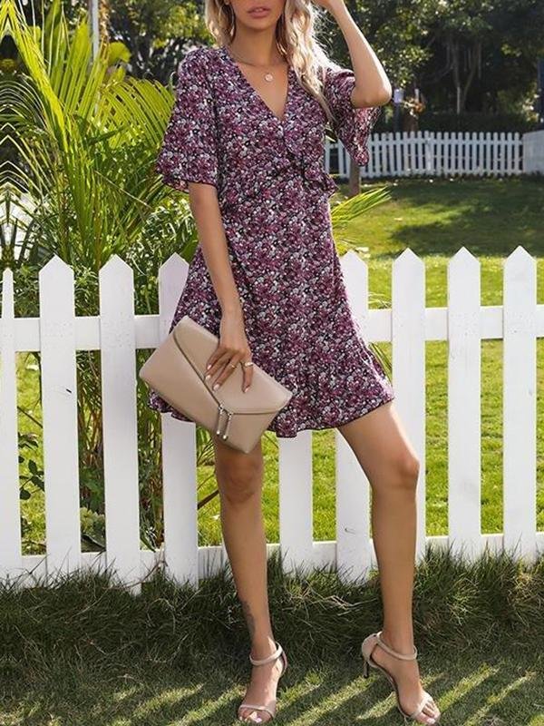 Printed Flared Short-sleeved Hollow Open Back Ruffle Dress - Mini Dresses - INS | Online Fashion Free Shipping Clothing, Dresses, Tops, Shoes - 22/03/2021 - AMZ - Color_Blue