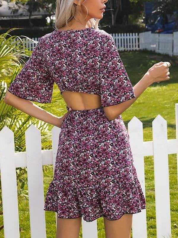 Printed Flared Short-sleeved Hollow Open Back Ruffle Dress - Mini Dresses - INS | Online Fashion Free Shipping Clothing, Dresses, Tops, Shoes - 22/03/2021 - AMZ - Color_Blue