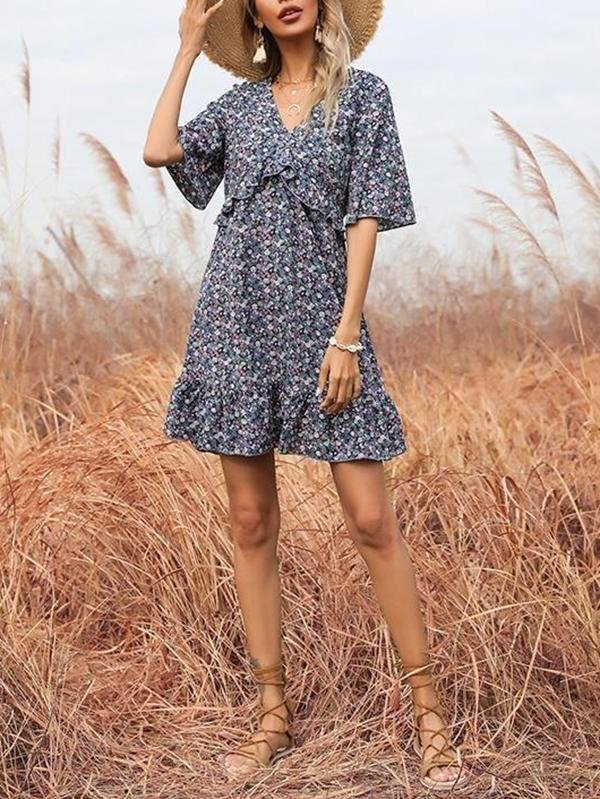 Printed Flared Short-sleeved Hollow Open Back Ruffle Dress - Mini Dresses - INS | Online Fashion Free Shipping Clothing, Dresses, Tops, Shoes - 22/03/2021 - AMZ - Color_Blue