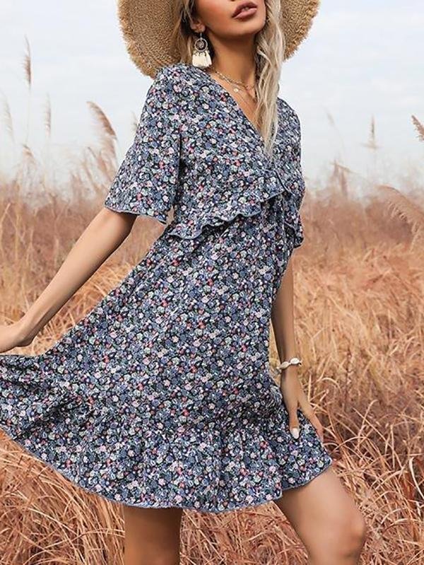 Printed Flared Short-sleeved Hollow Open Back Ruffle Dress - Mini Dresses - INS | Online Fashion Free Shipping Clothing, Dresses, Tops, Shoes - 22/03/2021 - AMZ - Color_Blue