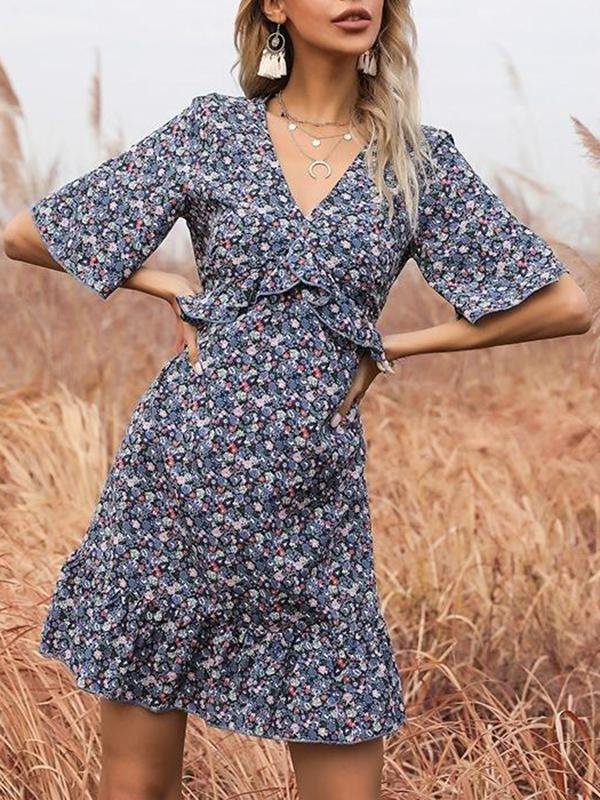Printed Flared Short-sleeved Hollow Open Back Ruffle Dress - Mini Dresses - INS | Online Fashion Free Shipping Clothing, Dresses, Tops, Shoes - 22/03/2021 - AMZ - Color_Blue