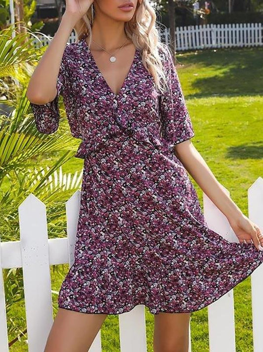 Printed Flared Short-sleeved Hollow Open Back Ruffle Dress - Mini Dresses - INS | Online Fashion Free Shipping Clothing, Dresses, Tops, Shoes - 22/03/2021 - AMZ - Color_Blue