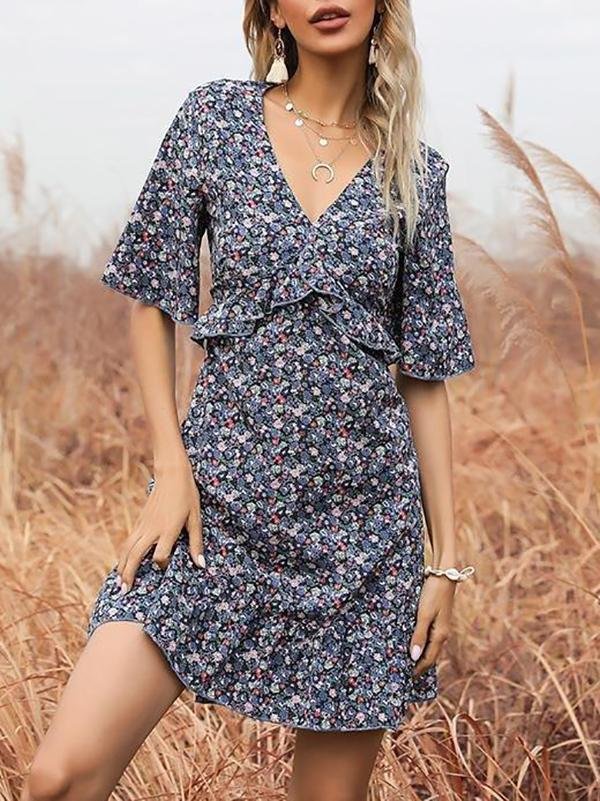 Printed Flared Short-sleeved Hollow Open Back Ruffle Dress - Mini Dresses - INS | Online Fashion Free Shipping Clothing, Dresses, Tops, Shoes - 22/03/2021 - AMZ - Color_Blue