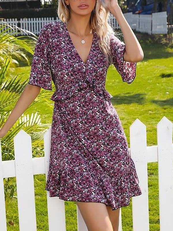 Printed Flared Short-sleeved Hollow Open Back Ruffle Dress - Mini Dresses - INS | Online Fashion Free Shipping Clothing, Dresses, Tops, Shoes - 22/03/2021 - AMZ - Color_Blue