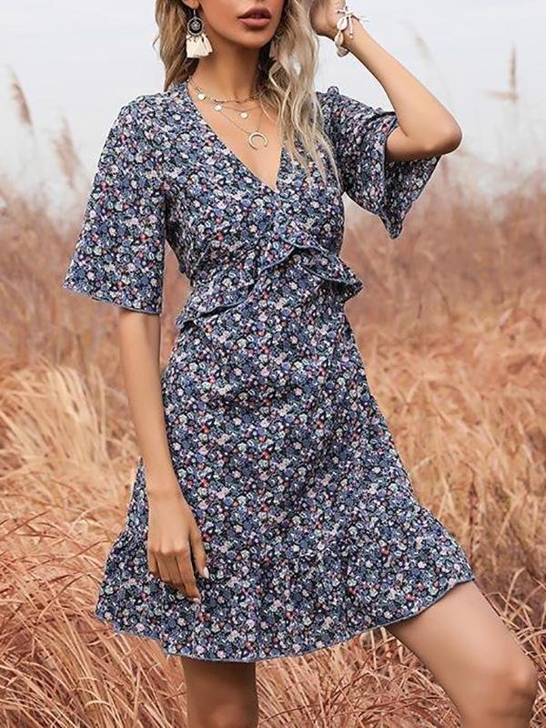 Printed Flared Short-sleeved Hollow Open Back Ruffle Dress - Mini Dresses - INS | Online Fashion Free Shipping Clothing, Dresses, Tops, Shoes - 22/03/2021 - AMZ - Color_Blue