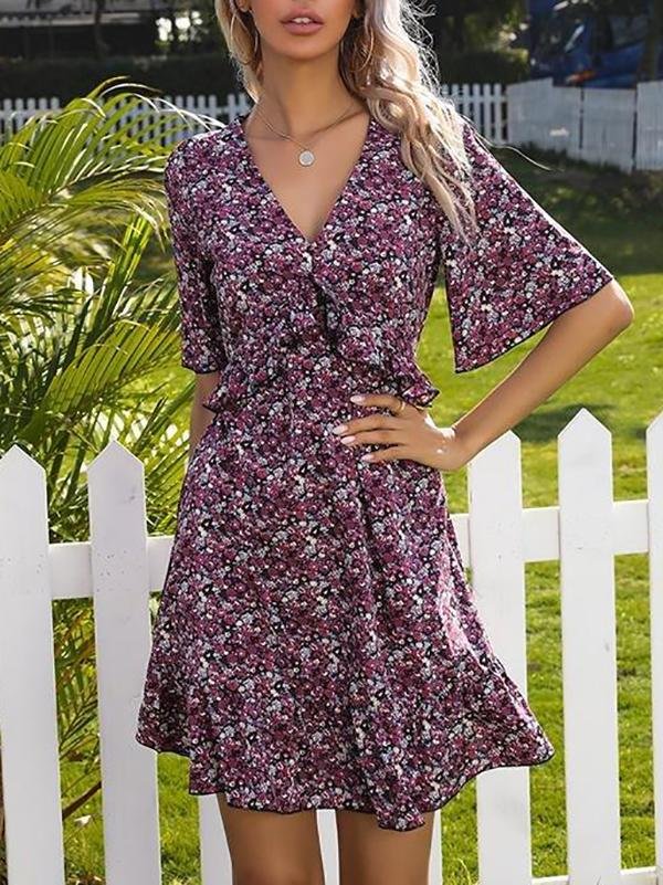 Printed Flared Short-sleeved Hollow Open Back Ruffle Dress - Mini Dresses - INS | Online Fashion Free Shipping Clothing, Dresses, Tops, Shoes - 22/03/2021 - AMZ - Color_Blue