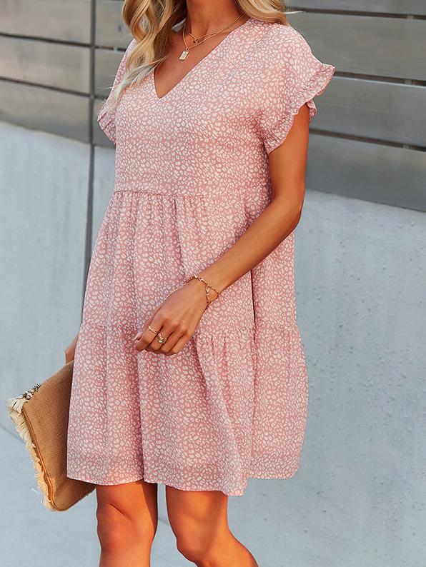 Printed Flowy V-Neck Short Sleeve Dress - Mini Dresses - INS | Online Fashion Free Shipping Clothing, Dresses, Tops, Shoes - Category_Mini Dresses - Color_Blue - Color_Pink