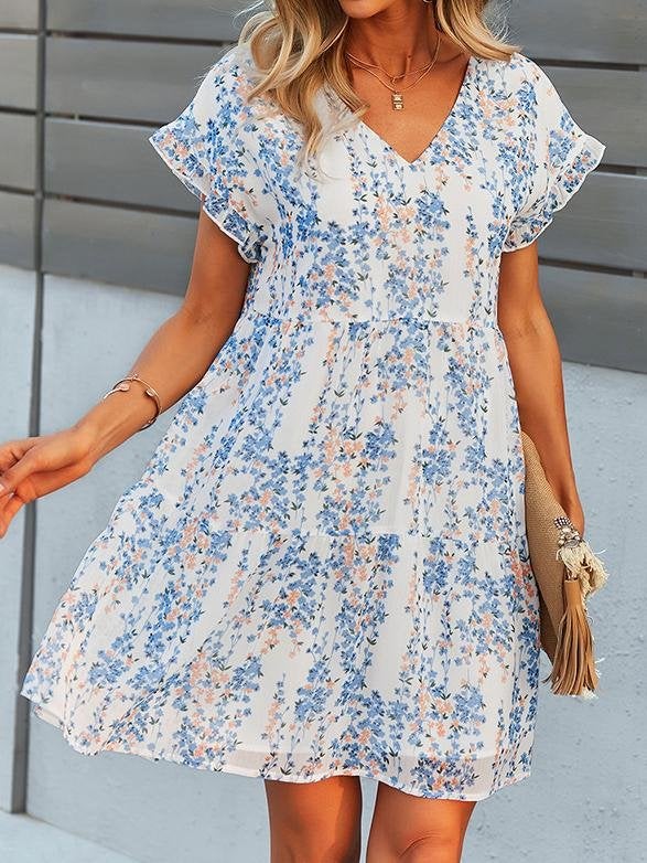 Printed Flowy V-Neck Short Sleeve Dress - Mini Dresses - INS | Online Fashion Free Shipping Clothing, Dresses, Tops, Shoes - Category_Mini Dresses - Color_Blue - Color_Pink