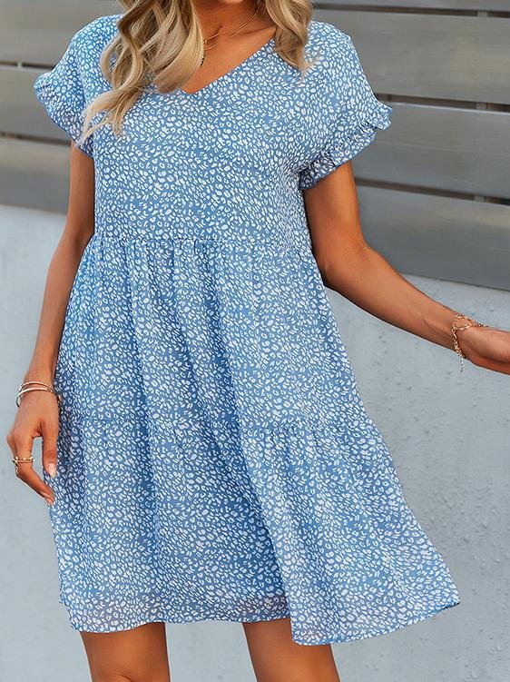 Printed Flowy V-Neck Short Sleeve Dress - Mini Dresses - INS | Online Fashion Free Shipping Clothing, Dresses, Tops, Shoes - Category_Mini Dresses - Color_Blue - Color_Pink