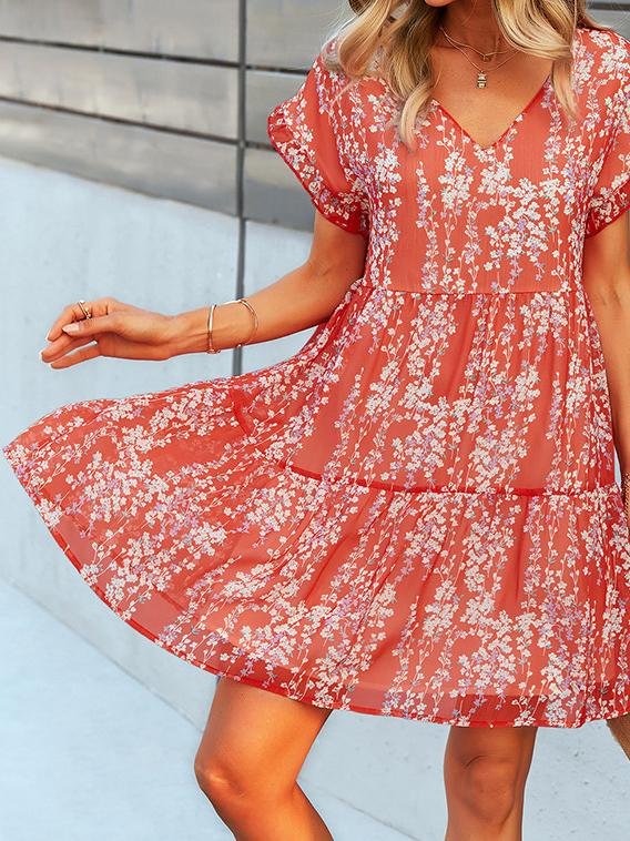 Printed Flowy V-Neck Short Sleeve Dress - Mini Dresses - INS | Online Fashion Free Shipping Clothing, Dresses, Tops, Shoes - Category_Mini Dresses - Color_Blue - Color_Pink