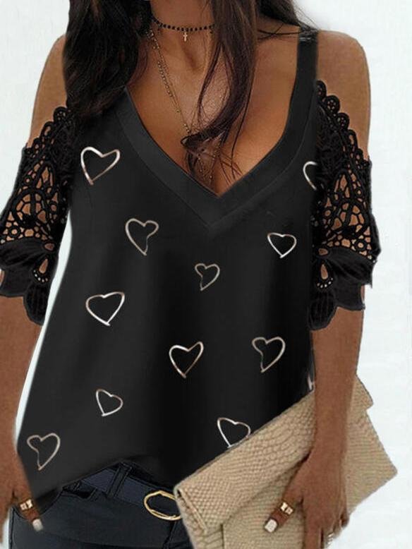 Printed Lace Stitching Short Sleeve Off The Shoulder T-shirt - T-Shirts - INS | Online Fashion Free Shipping Clothing, Dresses, Tops, Shoes - 08/06/2021 - Category_T-Shirts - Color_Black