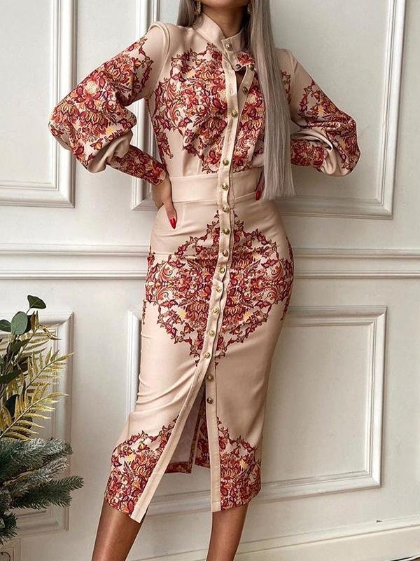 Printed Lapel Collar Long Sleeve Dress - Midi Dresses - INS | Online Fashion Free Shipping Clothing, Dresses, Tops, Shoes - 18/06/2021 - 40-50 - color-blue