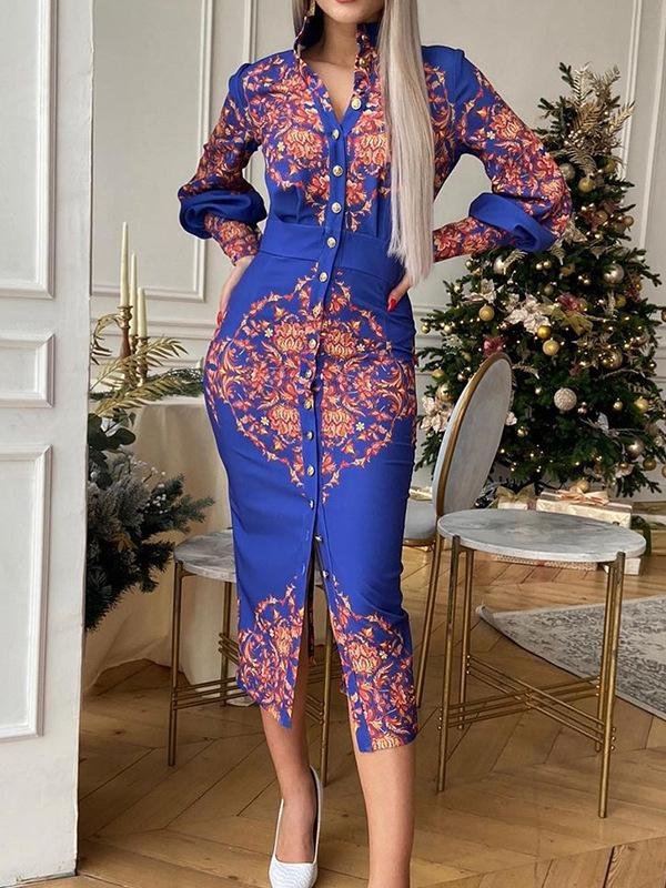 Printed Lapel Collar Long Sleeve Dress - Midi Dresses - INS | Online Fashion Free Shipping Clothing, Dresses, Tops, Shoes - 18/06/2021 - 40-50 - color-blue