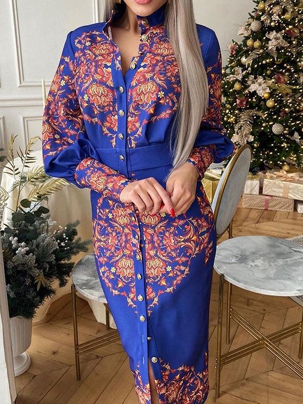 Printed Lapel Collar Long Sleeve Dress - Midi Dresses - INS | Online Fashion Free Shipping Clothing, Dresses, Tops, Shoes - 18/06/2021 - 40-50 - color-blue