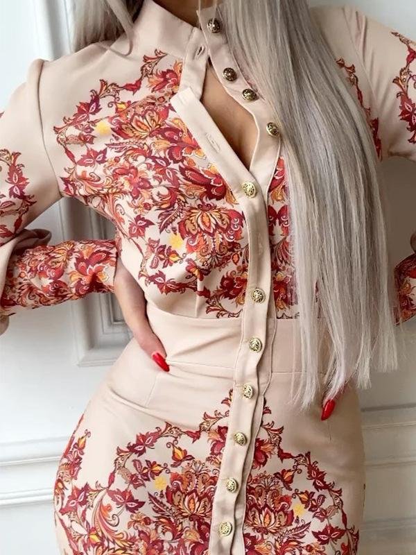 Printed Lapel Collar Long Sleeve Dress - Midi Dresses - INS | Online Fashion Free Shipping Clothing, Dresses, Tops, Shoes - 18/06/2021 - 40-50 - color-blue