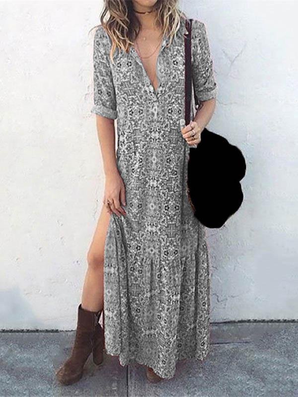 Printed Long Sleeve Split Long Dress - Maxi Dresses - INS | Online Fashion Free Shipping Clothing, Dresses, Tops, Shoes - 04/06/2021 - Color_Blue - Color_Gray