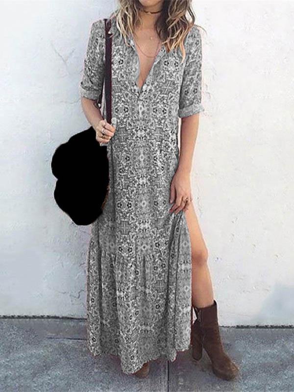 Printed Long Sleeve Split Long Dress - Maxi Dresses - INS | Online Fashion Free Shipping Clothing, Dresses, Tops, Shoes - 04/06/2021 - Color_Blue - Color_Gray