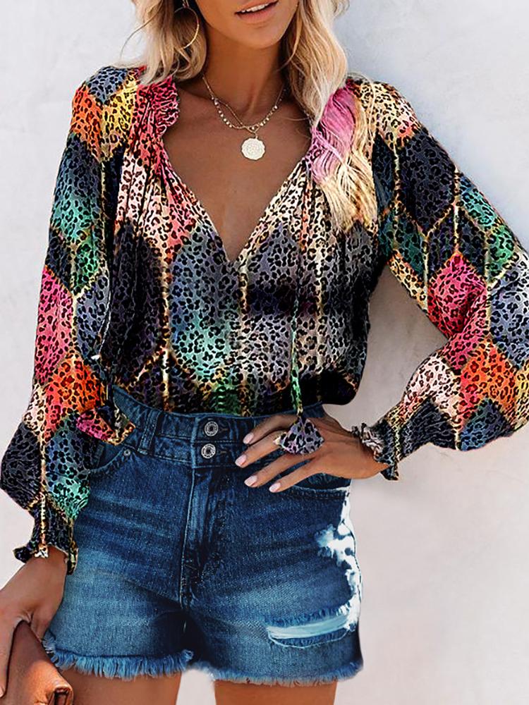 Printed Long Sleeves V Neck Blouses - Blouses - INS | Online Fashion Free Shipping Clothing, Dresses, Tops, Shoes - 07/06/2021 - BLO2106070046 - Blouses