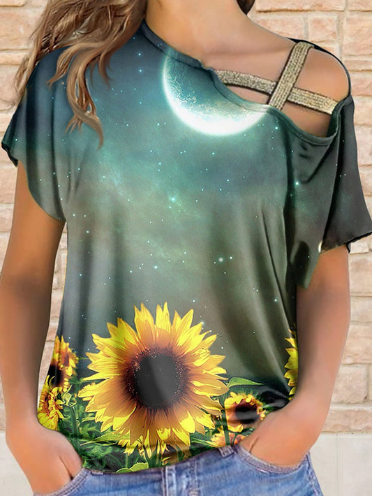 Printed Off-shoulder Cross Strap T-shirt - T-Shirts - INS | Online Fashion Free Shipping Clothing, Dresses, Tops, Shoes - 24/05/2021 - Category_T-Shirts - Color_Multicolor