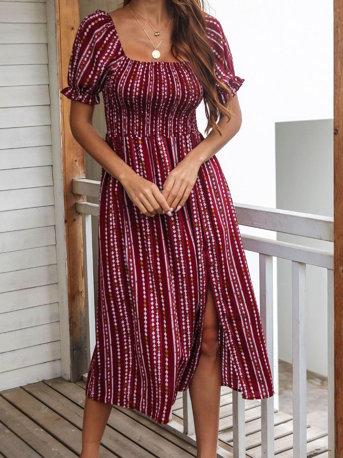 Printed Puff Sleeve Split Midi Dresses - Midi Dresses - INS | Online Fashion Free Shipping Clothing, Dresses, Tops, Shoes - 17/06/2021 - 20-30 - Category_Midi Dresses