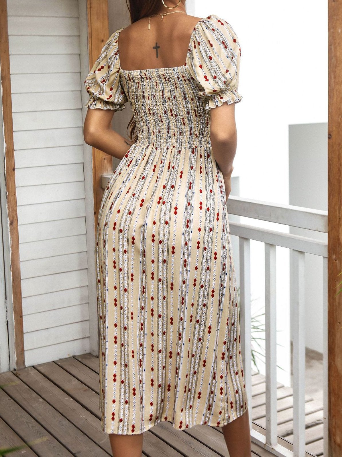 Printed Puff Sleeve Split Midi Dresses - Midi Dresses - INS | Online Fashion Free Shipping Clothing, Dresses, Tops, Shoes - 17/06/2021 - 20-30 - Category_Midi Dresses