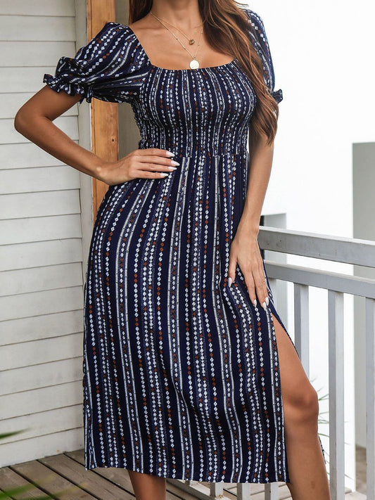 Printed Puff Sleeve Split Midi Dresses - Midi Dresses - INS | Online Fashion Free Shipping Clothing, Dresses, Tops, Shoes - 17/06/2021 - 20-30 - Category_Midi Dresses