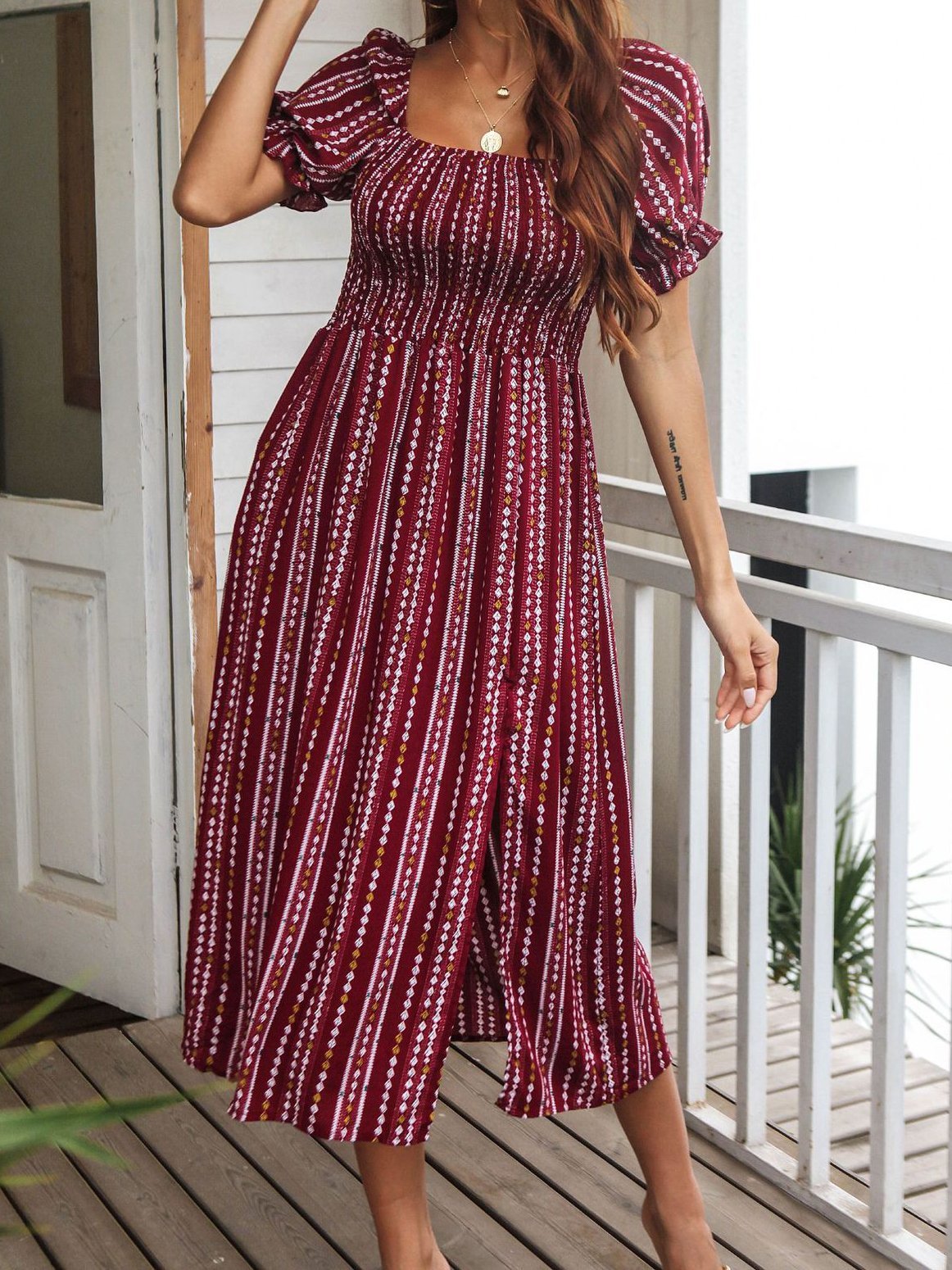 Printed Puff Sleeve Split Midi Dresses - Midi Dresses - INS | Online Fashion Free Shipping Clothing, Dresses, Tops, Shoes - 17/06/2021 - 20-30 - Category_Midi Dresses
