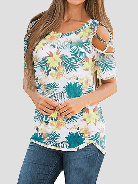 Printed Round Neck Off The Shoulder Short Sleeve T-shirt - T-Shirts - INS | Online Fashion Free Shipping Clothing, Dresses, Tops, Shoes - 09/06/2021 - Category_T-Shirts - Color_Red