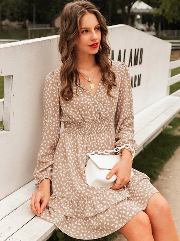 Printed Ruffle Layer Hem Chiffon Princess Dress - Mini Dresses - INS | Online Fashion Free Shipping Clothing, Dresses, Tops, Shoes - 07/04/20211 - Apricot - DRE210407715