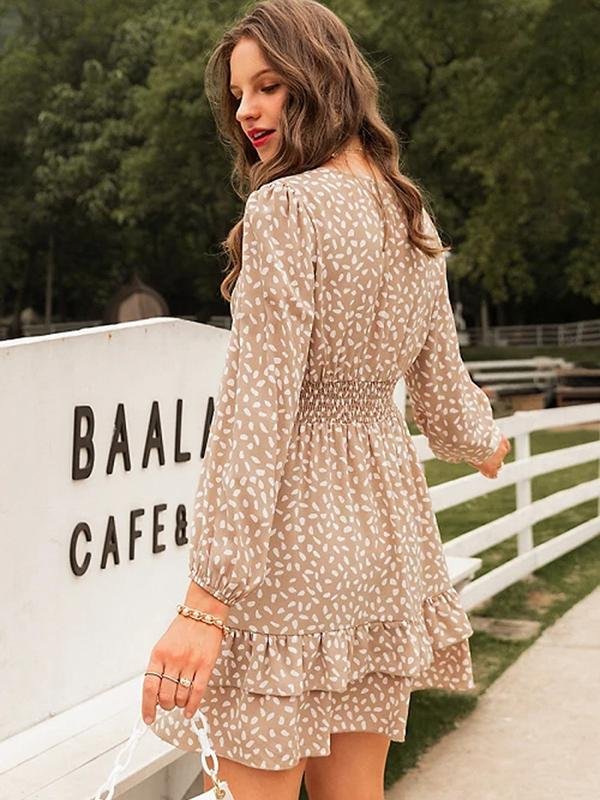 Printed Ruffle Layer Hem Chiffon Princess Dress - Mini Dresses - INS | Online Fashion Free Shipping Clothing, Dresses, Tops, Shoes - 07/04/20211 - Apricot - DRE210407715